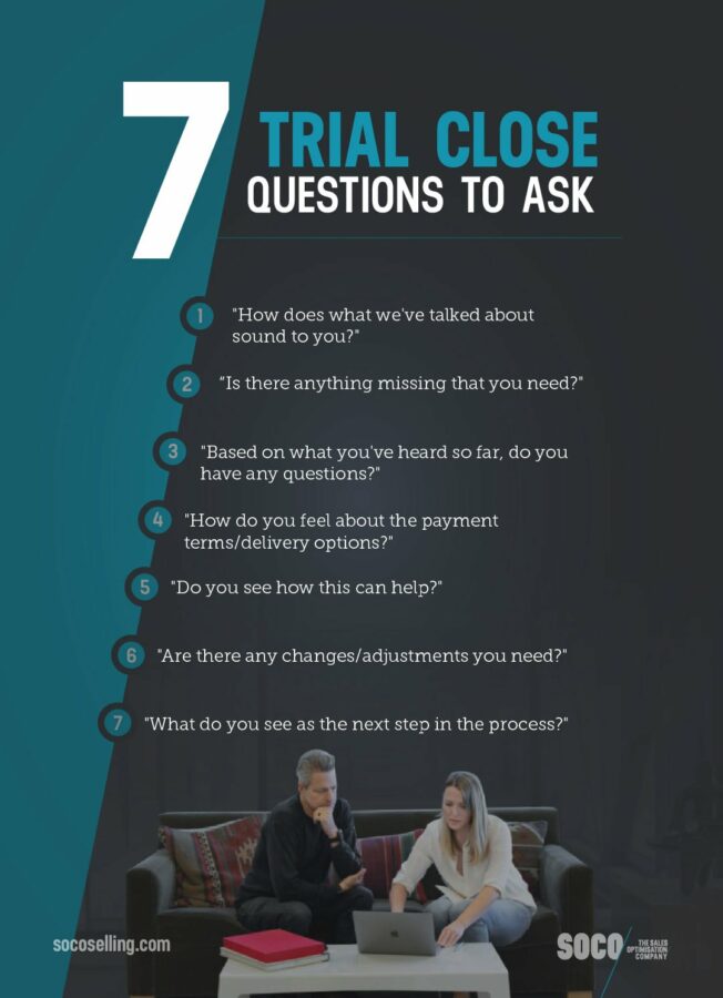 Infographic of 7 Trial Close Questions To Ask Prospects to determine whether customers are ready to buy