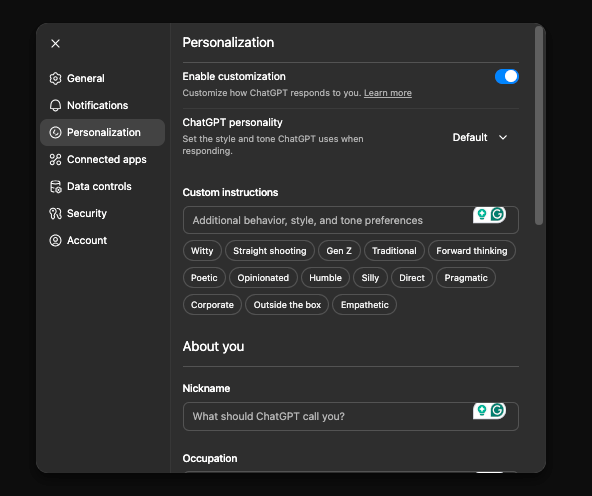 "Custom instructions" in ChatGPT